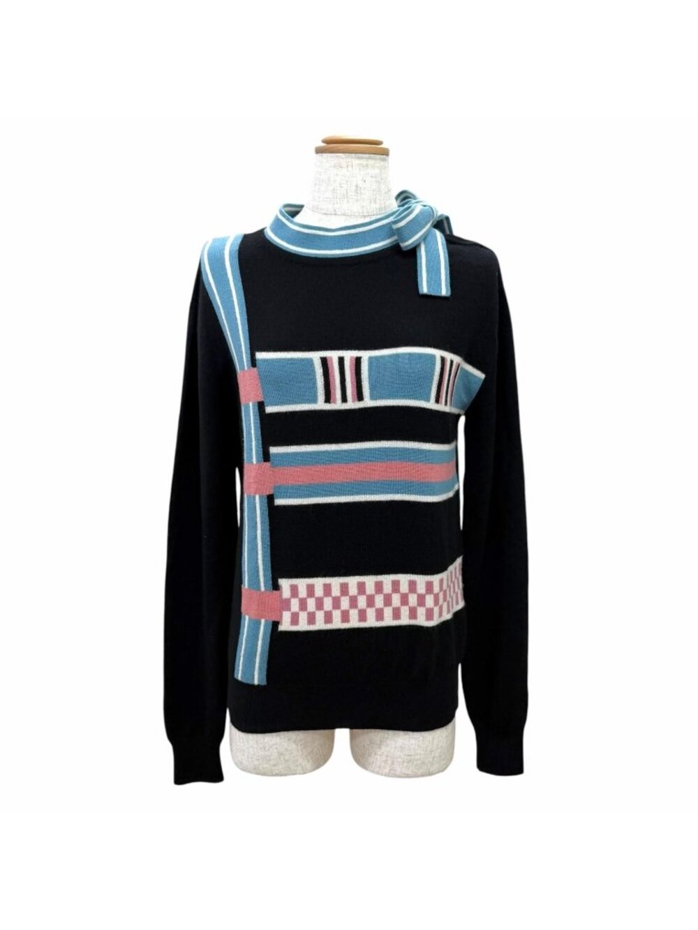 Hermes Lettres Equestres Cashmere 100% Long Sleeve Knit Black Blue Pink IT 36